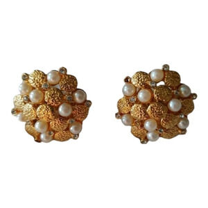 Metallic Faux Gold Cluster Paddle  Back Earrings Rhinestone Faux Pearls